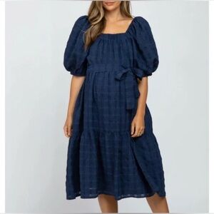 Moon River Women Blue Plaid Puff Sleeve Belted Tiered Midi Dress Size S